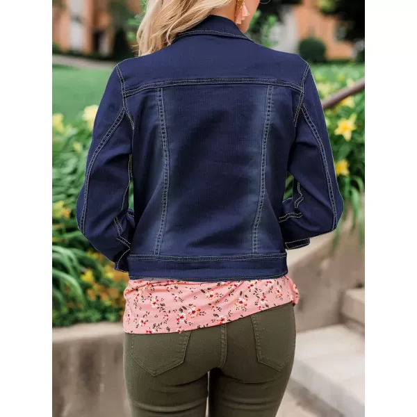luvamia Womens Basic Button Down Stretch Fitted Long Sleeves Denim Jean JacketDarkness Blue