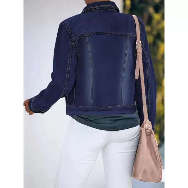 luvamia Womens Basic Button Down Stretch Fitted Long Sleeves Denim Jean JacketDarkness Blue