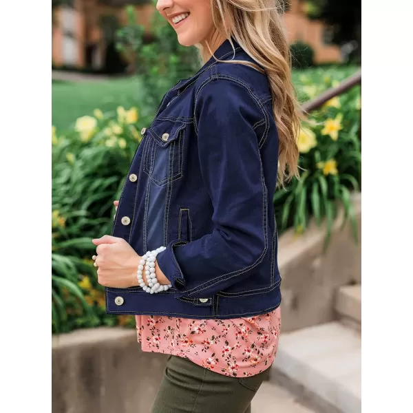 luvamia Womens Basic Button Down Stretch Fitted Long Sleeves Denim Jean JacketDarkness Blue