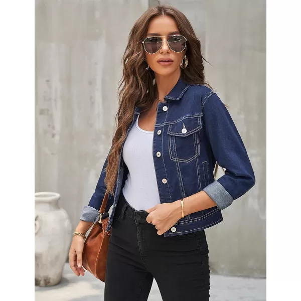 luvamia Womens Basic Button Down Stretch Fitted Long Sleeves Denim Jean JacketDeep River Blue
