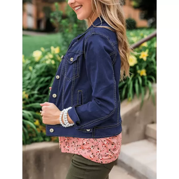 luvamia Womens Basic Button Down Stretch Fitted Long Sleeves Denim Jean JacketDeep River Blue