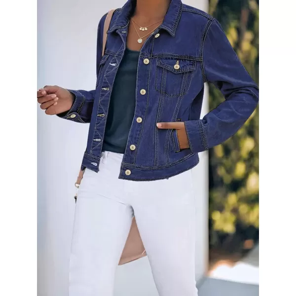 luvamia Womens Basic Button Down Stretch Fitted Long Sleeves Denim Jean JacketDeep River Blue