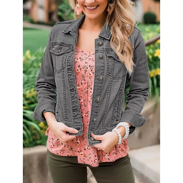 luvamia Womens Basic Button Down Stretch Fitted Long Sleeves Denim Jean JacketGray