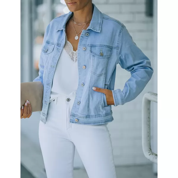 luvamia Womens Basic Button Down Stretch Fitted Long Sleeves Denim Jean JacketLight Blue