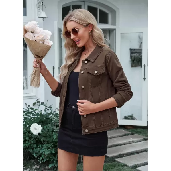 luvamia Womens Basic Button Down Stretch Fitted Long Sleeves Denim Jean JacketMustang Brown