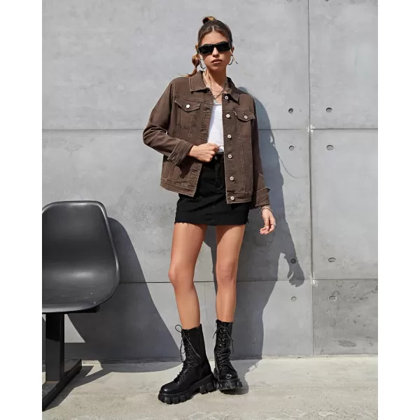 luvamia Womens Basic Button Down Stretch Fitted Long Sleeves Denim Jean JacketMustang Brown