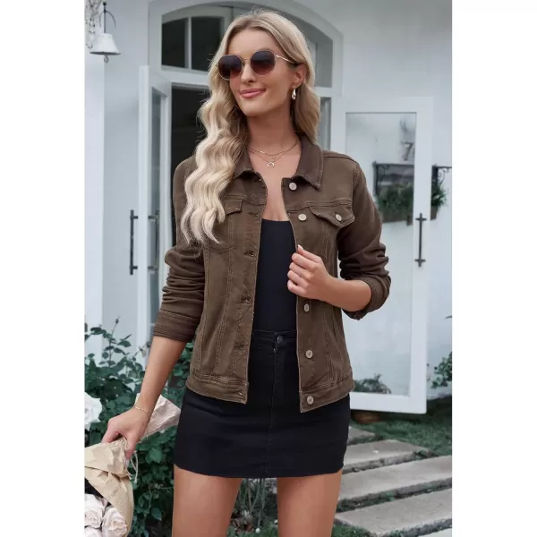 luvamia Womens Basic Button Down Stretch Fitted Long Sleeves Denim Jean JacketMustang Brown