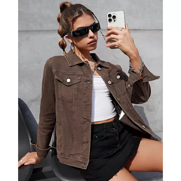 luvamia Womens Basic Button Down Stretch Fitted Long Sleeves Denim Jean JacketMustang Brown