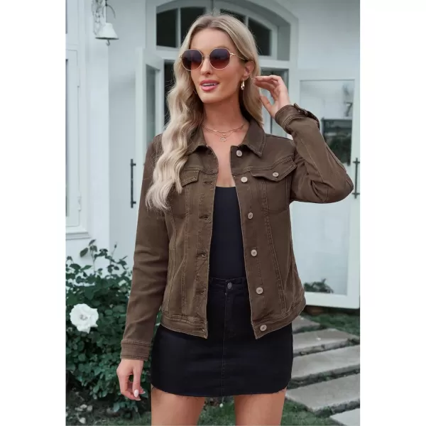 luvamia Womens Basic Button Down Stretch Fitted Long Sleeves Denim Jean JacketMustang Brown