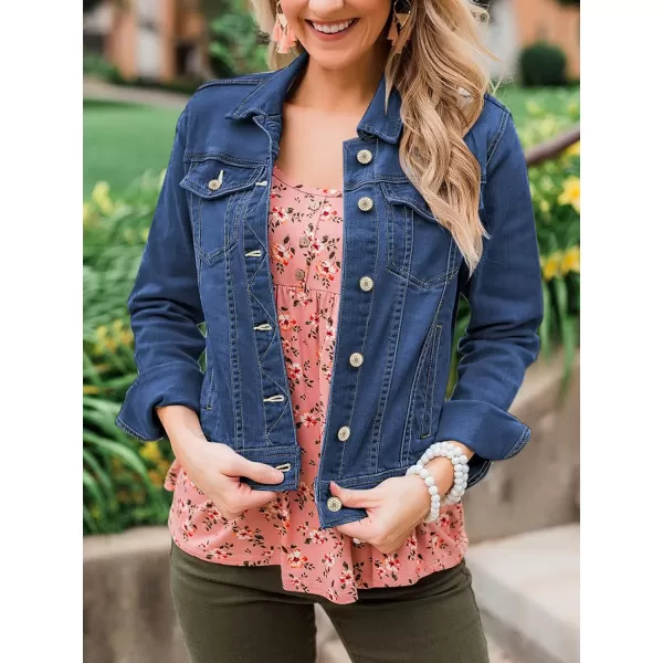 luvamia Womens Basic Button Down Stretch Fitted Long Sleeves Denim Jean JacketNightfall Blue