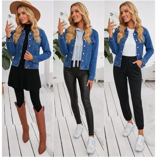 luvamia Womens Basic Button Down Stretch Fitted Long Sleeves Denim Jean JacketNightfall Blue