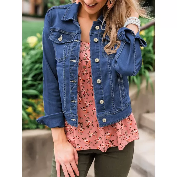 luvamia Womens Basic Button Down Stretch Fitted Long Sleeves Denim Jean JacketNightfall Blue