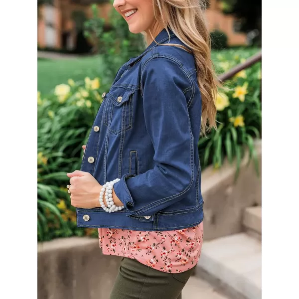 luvamia Womens Basic Button Down Stretch Fitted Long Sleeves Denim Jean JacketNightfall Blue