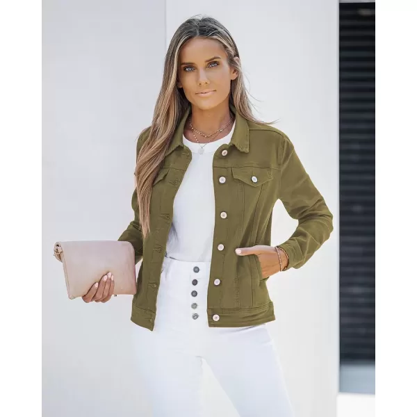 luvamia Womens Basic Button Down Stretch Fitted Long Sleeves Denim Jean JacketOlive Green