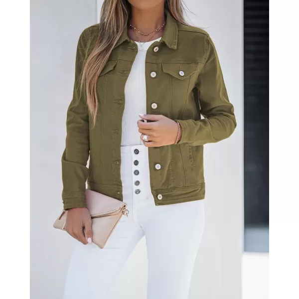 luvamia Womens Basic Button Down Stretch Fitted Long Sleeves Denim Jean JacketOlive Green