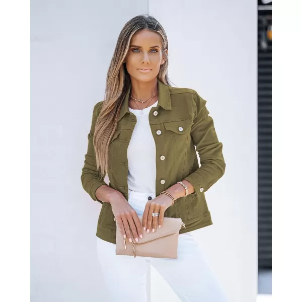 luvamia Womens Basic Button Down Stretch Fitted Long Sleeves Denim Jean JacketOlive Green