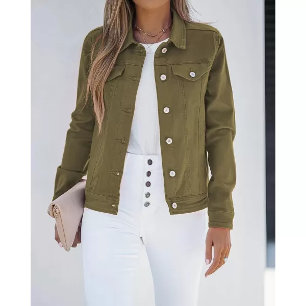 luvamia Womens Basic Button Down Stretch Fitted Long Sleeves Denim Jean JacketOlive Green