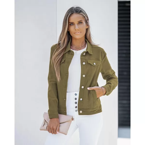 luvamia Womens Basic Button Down Stretch Fitted Long Sleeves Denim Jean JacketOlive Green