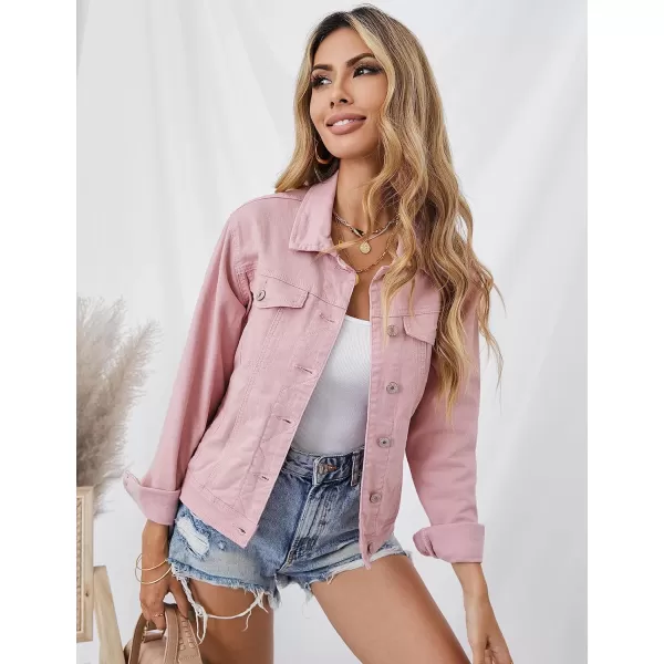 luvamia Womens Basic Button Down Stretch Fitted Long Sleeves Denim Jean JacketPink