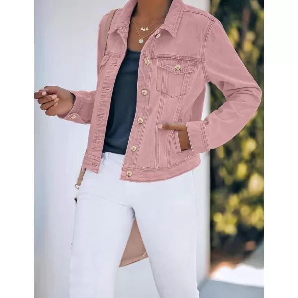 luvamia Womens Basic Button Down Stretch Fitted Long Sleeves Denim Jean JacketPink