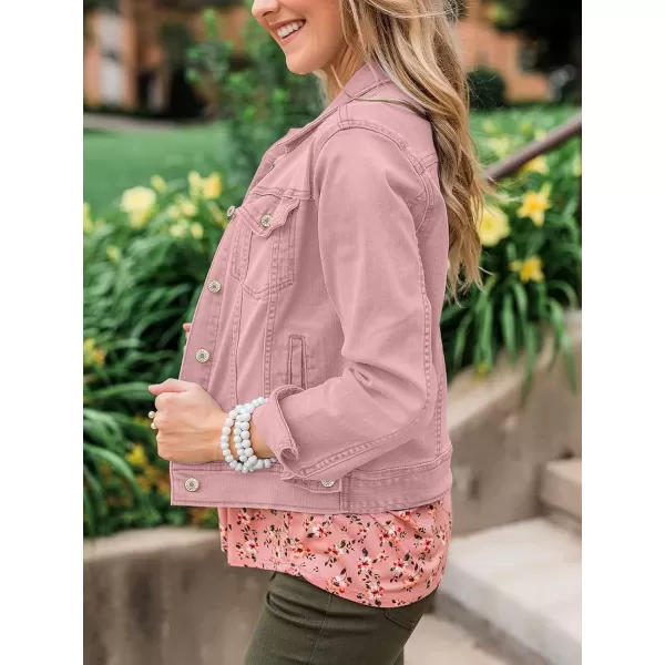 luvamia Womens Basic Button Down Stretch Fitted Long Sleeves Denim Jean JacketPink