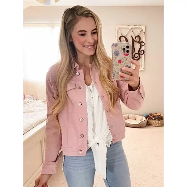 luvamia Womens Basic Button Down Stretch Fitted Long Sleeves Denim Jean JacketPink