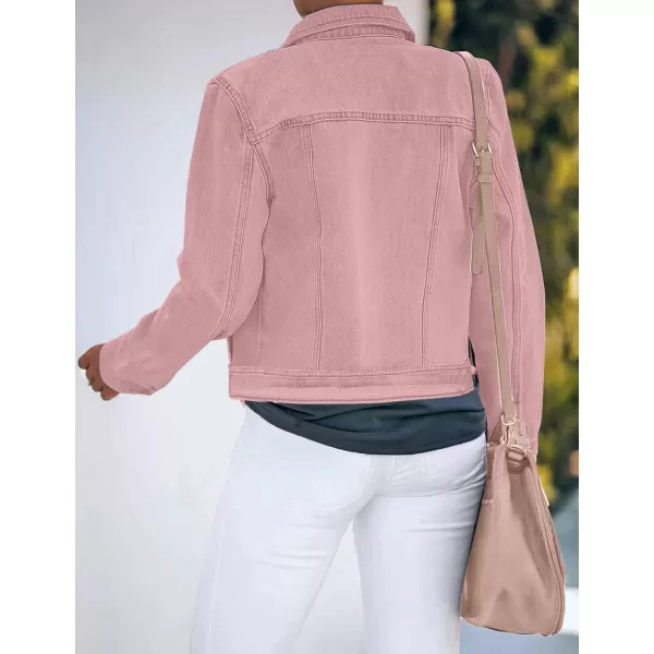 luvamia Womens Basic Button Down Stretch Fitted Long Sleeves Denim Jean JacketPink