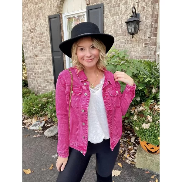 luvamia Womens Basic Button Down Stretch Fitted Long Sleeves Denim Jean JacketRaspberry Rose Pink