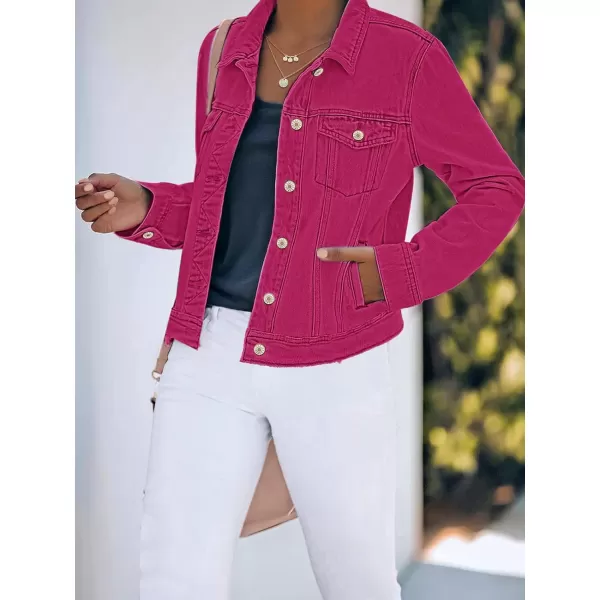 luvamia Womens Basic Button Down Stretch Fitted Long Sleeves Denim Jean JacketRaspberry Rose Pink