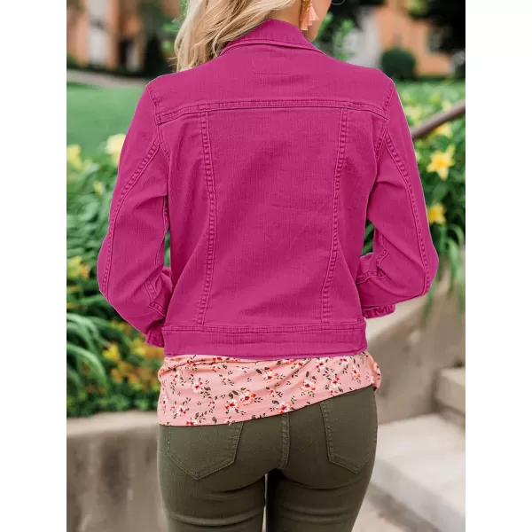 luvamia Womens Basic Button Down Stretch Fitted Long Sleeves Denim Jean JacketRaspberry Rose Pink