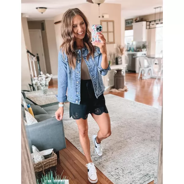 luvamia Womens Basic Button Down Stretch Fitted Long Sleeves Denim Jean JacketSnow Wash Mid Blue