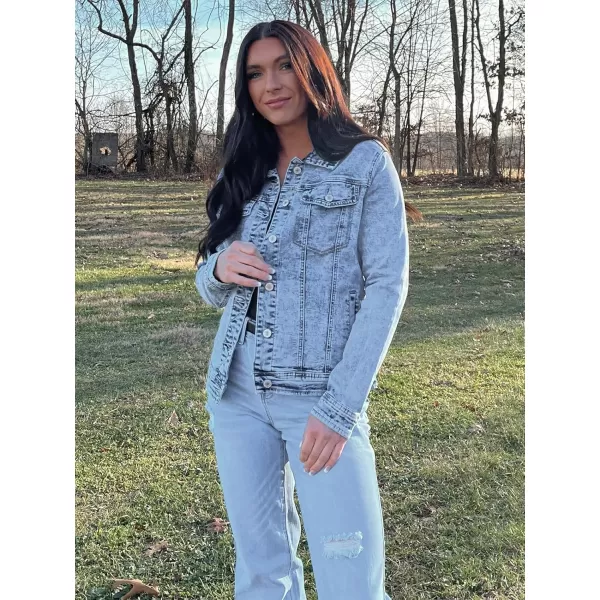 luvamia Womens Basic Button Down Stretch Fitted Long Sleeves Denim Jean JacketSnow Wash Mid Blue