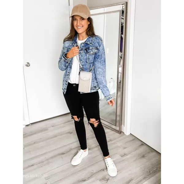 luvamia Womens Basic Button Down Stretch Fitted Long Sleeves Denim Jean JacketSnow Wash Mid Blue