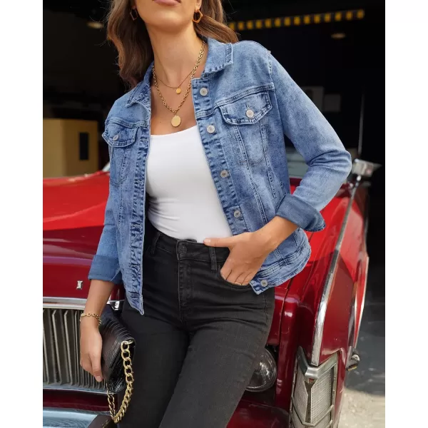 luvamia Womens Basic Button Down Stretch Fitted Long Sleeves Denim Jean JacketSnow Wash Mid Blue