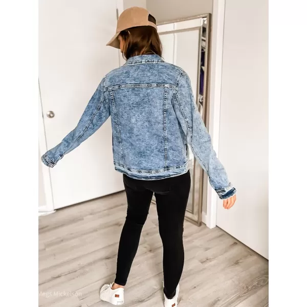 luvamia Womens Basic Button Down Stretch Fitted Long Sleeves Denim Jean JacketSnow Wash Mid Blue