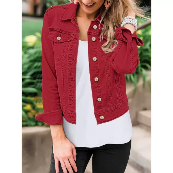 luvamia Womens Basic Button Down Stretch Fitted Long Sleeves Denim Jean JacketTrue Red