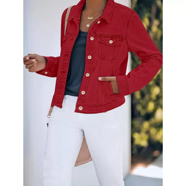 luvamia Womens Basic Button Down Stretch Fitted Long Sleeves Denim Jean JacketTrue Red