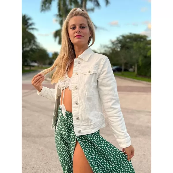 luvamia Womens Basic Button Down Stretch Fitted Long Sleeves Denim Jean JacketWhite