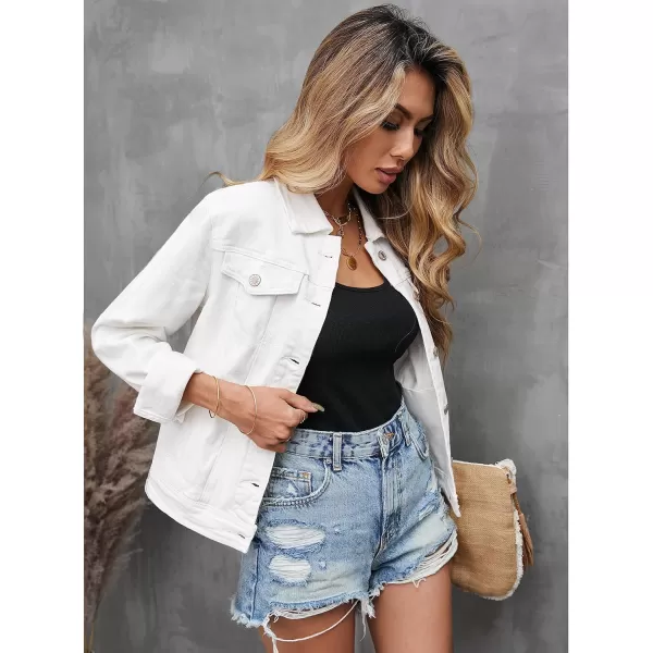 luvamia Womens Basic Button Down Stretch Fitted Long Sleeves Denim Jean JacketWhite