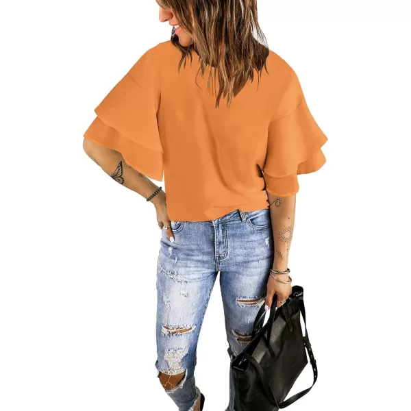 luvamia Womens Casual 34 Tiered Bell Sleeve Crewneck Loose Tops Blouses ShirtA Apricot