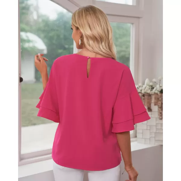 luvamia Womens Casual 34 Tiered Bell Sleeve Crewneck Loose Tops Blouses ShirtA Hot Pink