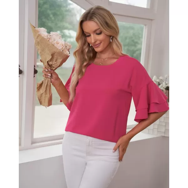 luvamia Womens Casual 34 Tiered Bell Sleeve Crewneck Loose Tops Blouses ShirtA Hot Pink