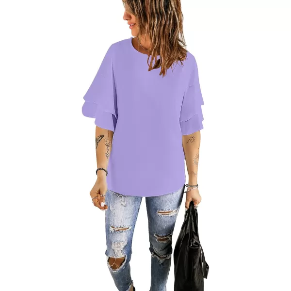 luvamia Womens Casual 34 Tiered Bell Sleeve Crewneck Loose Tops Blouses ShirtA Lavender