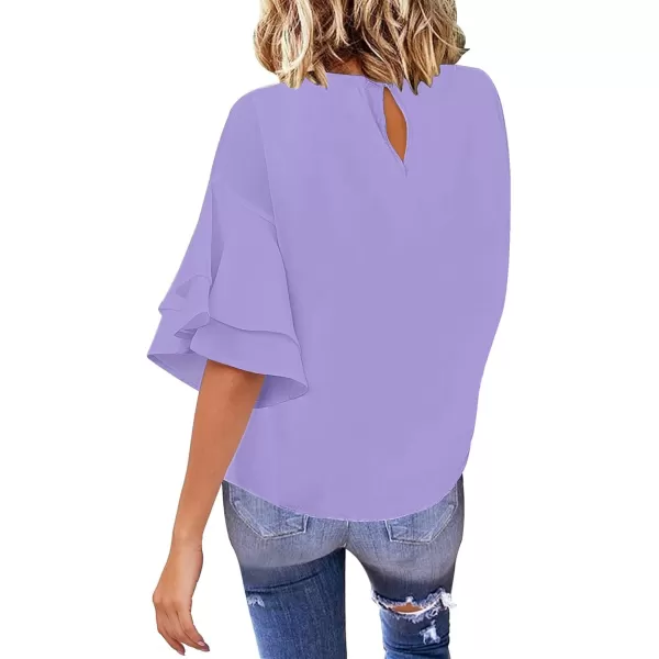 luvamia Womens Casual 34 Tiered Bell Sleeve Crewneck Loose Tops Blouses ShirtA Lavender