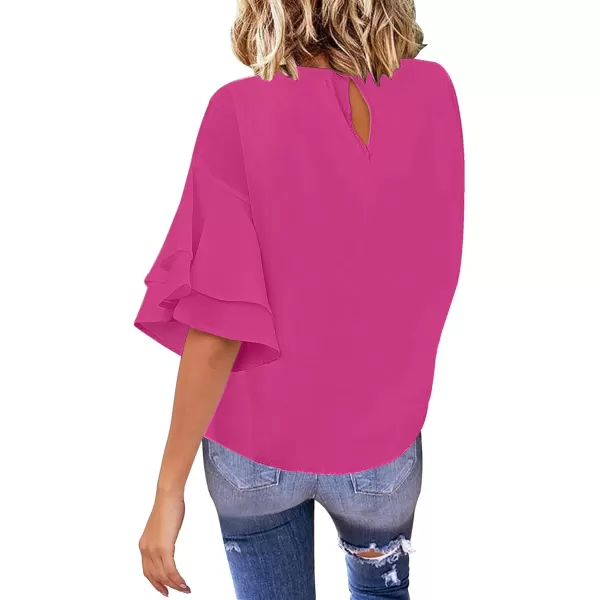 luvamia Womens Casual 34 Tiered Bell Sleeve Crewneck Loose Tops Blouses ShirtA Magenta