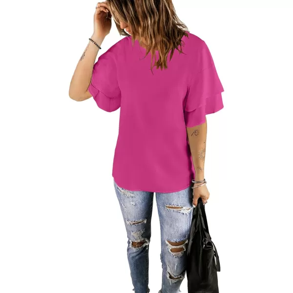 luvamia Womens Casual 34 Tiered Bell Sleeve Crewneck Loose Tops Blouses ShirtA Magenta