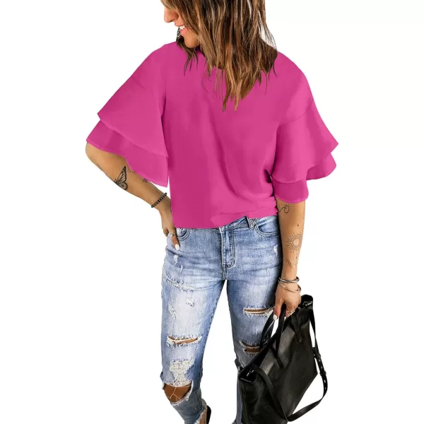 luvamia Womens Casual 34 Tiered Bell Sleeve Crewneck Loose Tops Blouses ShirtA Magenta