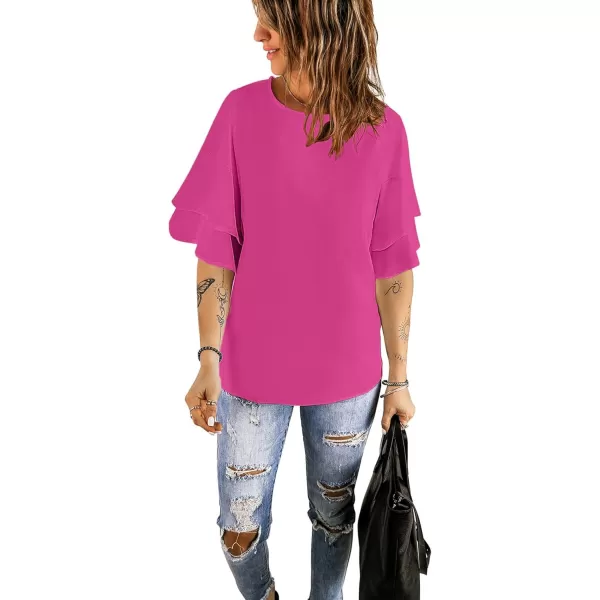 luvamia Womens Casual 34 Tiered Bell Sleeve Crewneck Loose Tops Blouses ShirtA Magenta