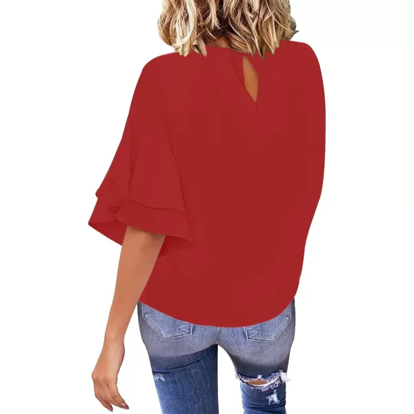 luvamia Womens Casual 34 Tiered Bell Sleeve Crewneck Loose Tops Blouses ShirtA True Red