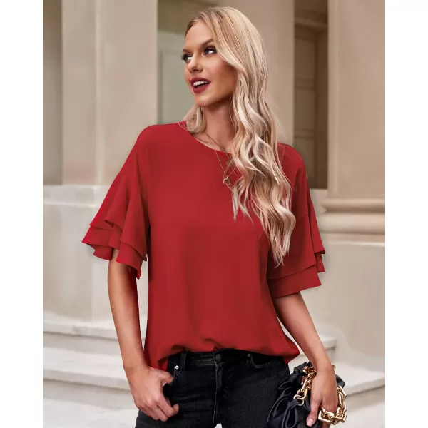 luvamia Womens Casual 34 Tiered Bell Sleeve Crewneck Loose Tops Blouses ShirtA True Red